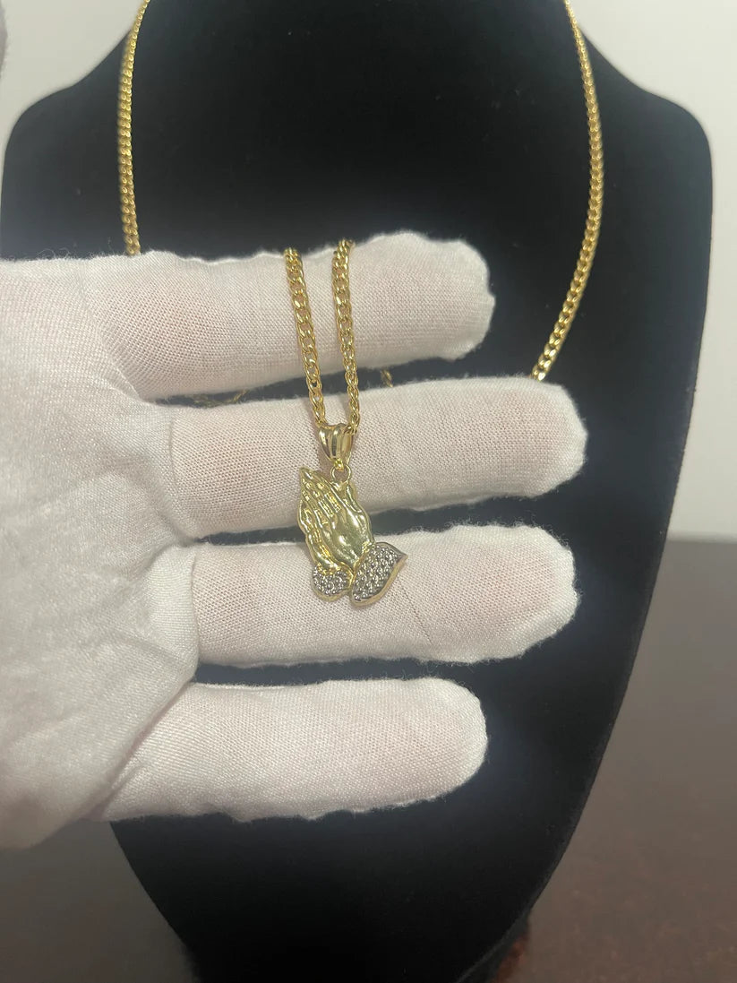 10K Praying Hands Pendant / Cuban Chain 20" Combo